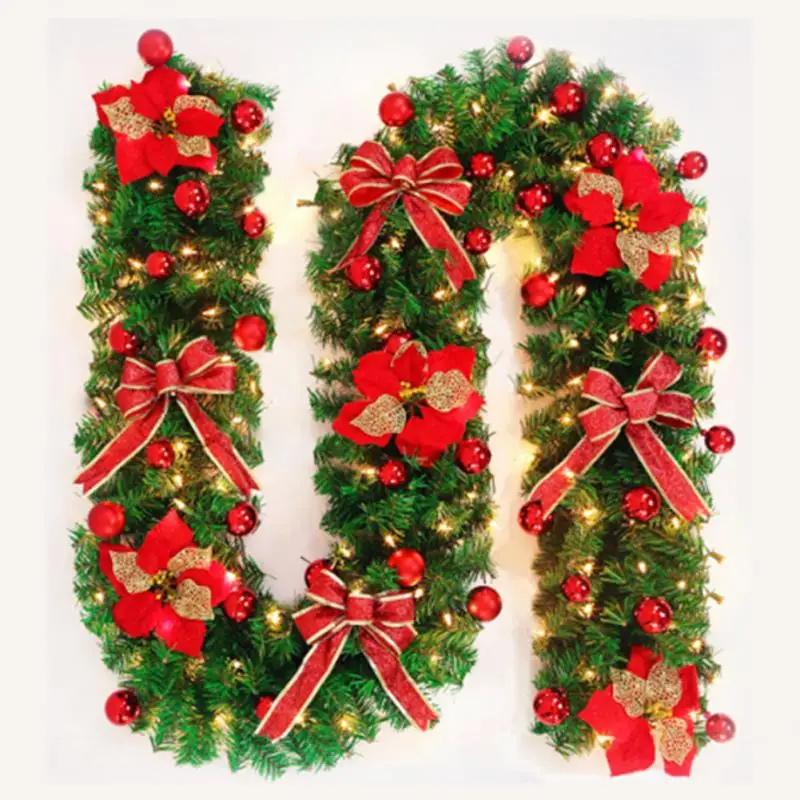 

270cm Original Green Christmas Garland with bows lights Party Decoration PVC Rattan Ornament Merry Xmas Rattan Christmas Wreath