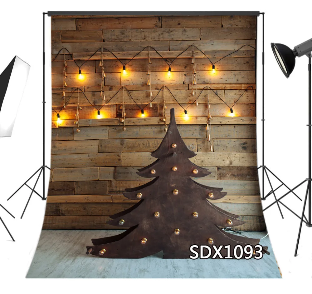 

LB Christmas Theme Vinyl Photography Backdrops Wooden XMAS Tree Decor Studio Photo Background String Lights Hanging on Wood Wall