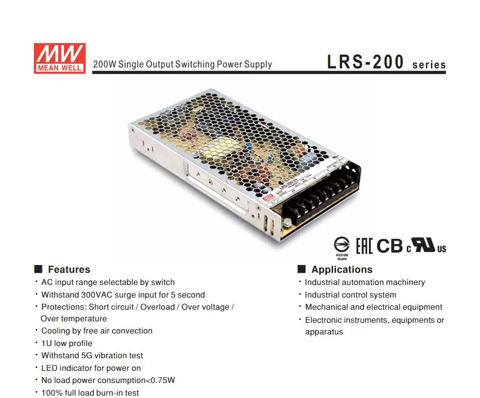 Meanwell 200W Single Output Switching Power Supply LRS-200.6