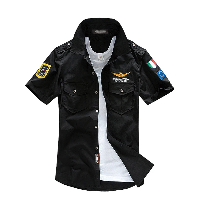 Summer Air Force One Bomber Military Shirts Men Army Short Sleeved Shirts Embroidery Epaulet Casual Camisa