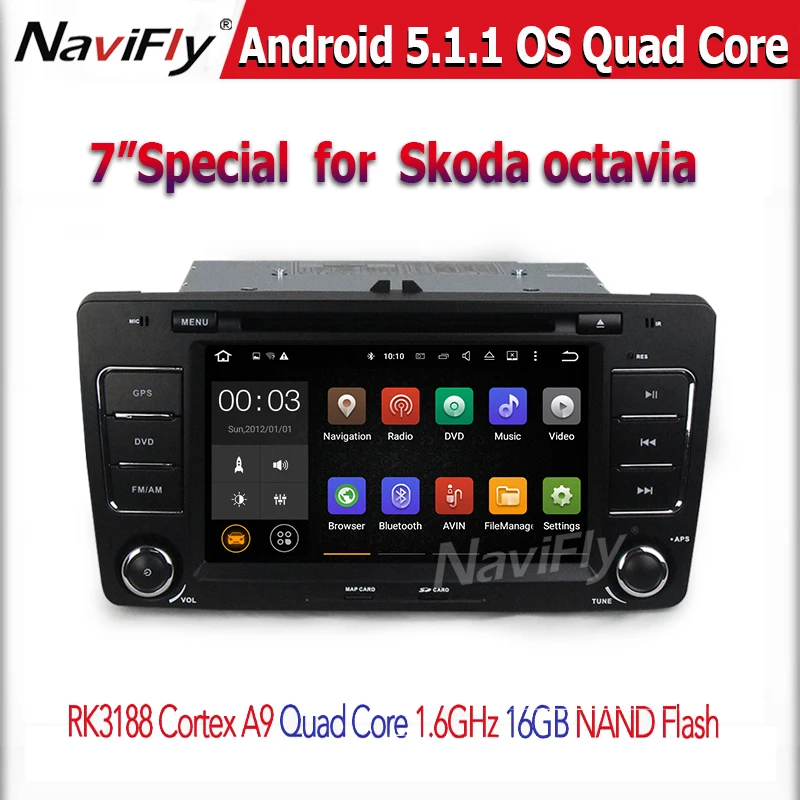  Quad core Android 5.1.1 Car radio GPS navi Player For Skoda Octavia 2012 2013  With GPS Radio WiFi1024*600 screen free ship 