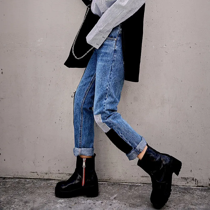 WQJGR 2018 News Fashion Zipper Patch Decoration Trousers Boyfriend Jeans Woman