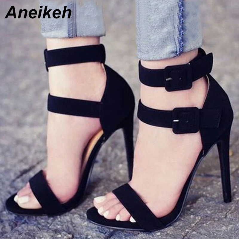 

Aneikeh Thin Heel Sandals Women Concise Design Line Buckles Style Open Toe Stiletto Heel Dress Sandals Pretty Shoes Black