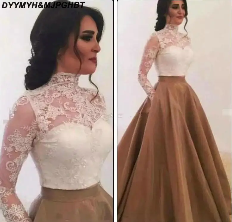 2018 Fashion Lace Saudi Arabia Evening Dresses High Neck Sheer Long Sleeves Gold Skirt Ball Gown Formal Prom Gowns Special Occasion Dress_