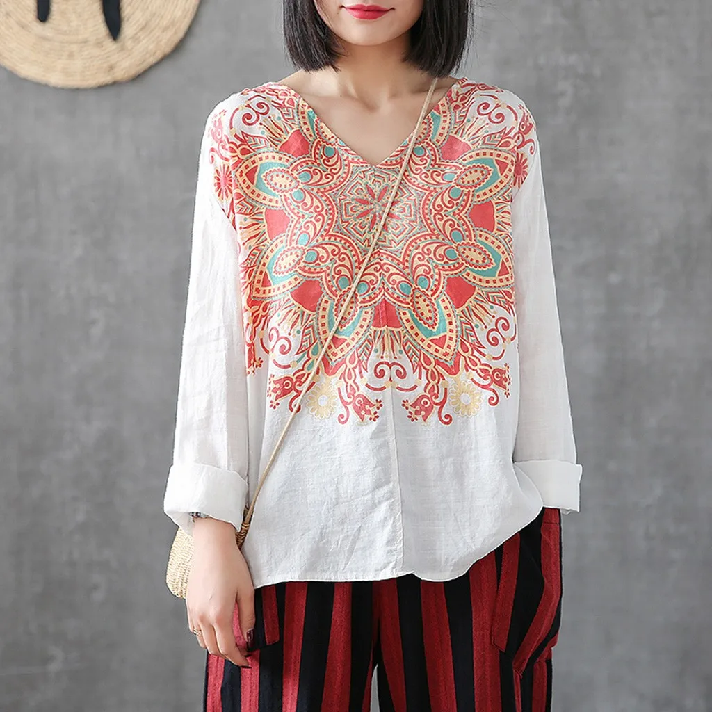 

Women Blouses 2019 Fashion Casual V-Neck Shirt Female Bubble Long Sleeve Boho Print Blouse Bluzki damskie YJJ2