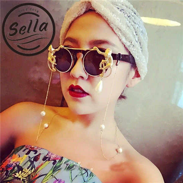

2017 New Fashion Retro Round Monkey Metal Chain Decoration Baroque Sunglasse Luxury Brand Designer Clamshell Cool Eyewear