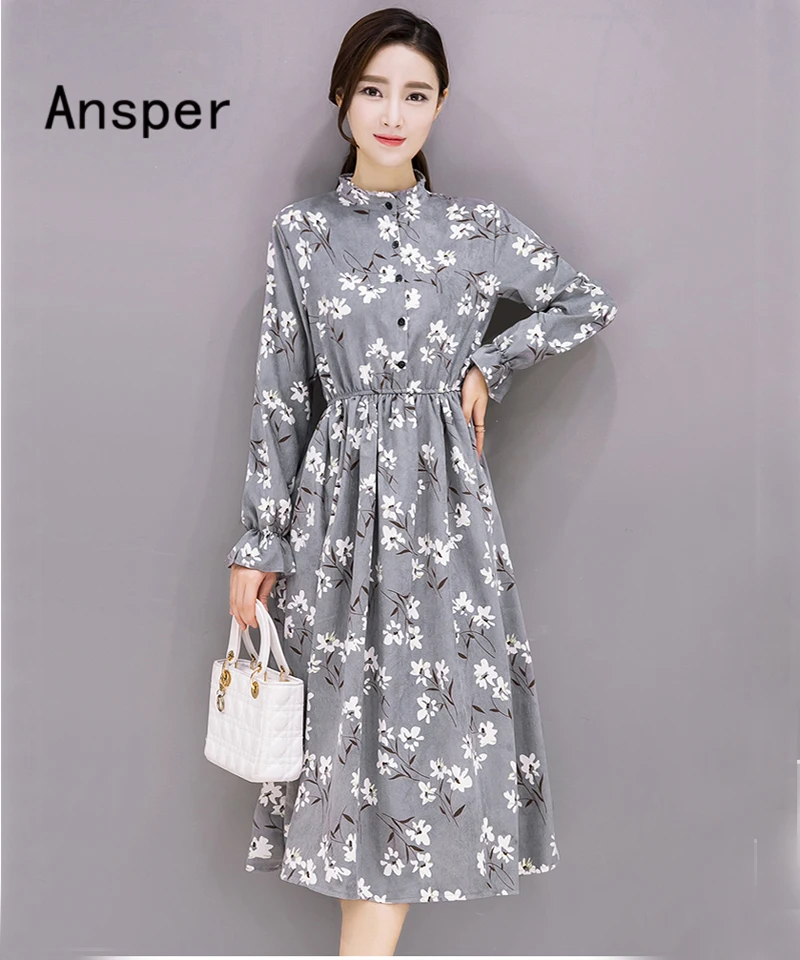 

2018 Autumn Chic Mono Floral Women Thin Corduroy Dress Elastic Waist Women's Dresses Long Sleeve Ruffle Neck Front Buttons