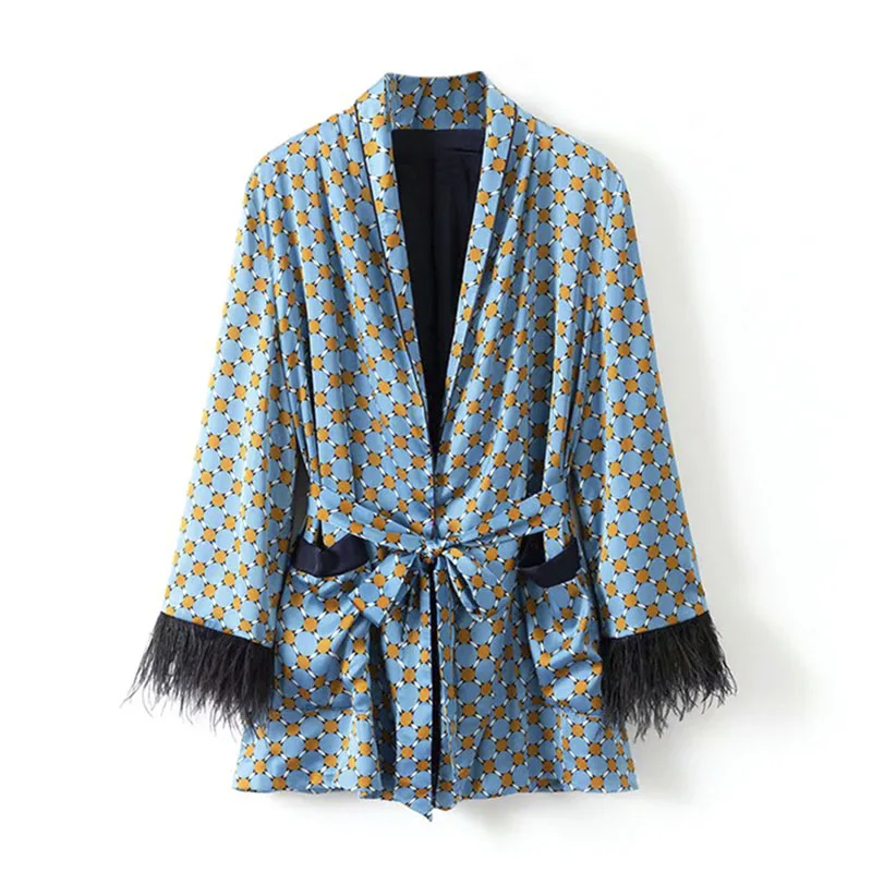 Осень, винтажная Пижама, верхняя одежда, искусственный шелк, Женское пальто, стильное, с рукавом из страусиного волоса, элегантный синий цветочный принт, свободный тип, топ с поясом