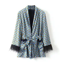 Осень, винтажная Пижама, верхняя одежда, искусственный шелк, Женское пальто, стильное, с рукавом из страусиного волоса, элегантный синий цветочный принт, свободный тип, топ с поясом