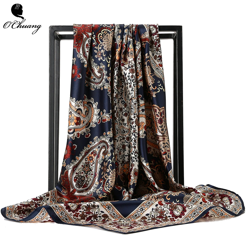 O CHUANG Fashion Silk Scarf Black Flower Print Large Luxury Brand Wraps Shawl Head Foulard Soie Square Women Scarves 90X90