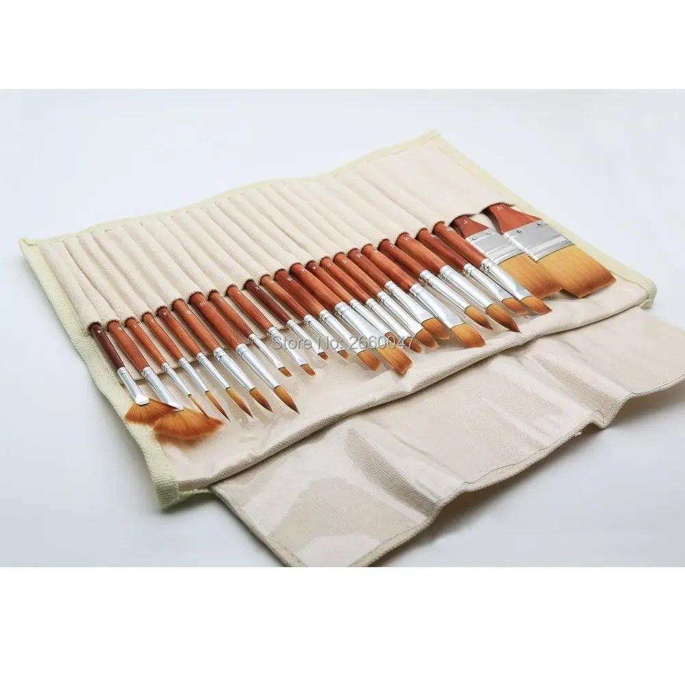 

2281 24pcs Set with Fabric Bag Fine Taklon Hair Wooden Handle Silvery Ferrule Watercolor & Acrylic brush