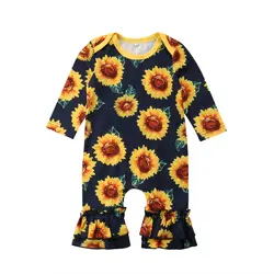 Одежда с цветочным рисунком для маленьких девочек Комбинезон с подсолнухом и длинными рукавами для новорожденных девочек, комбинезон