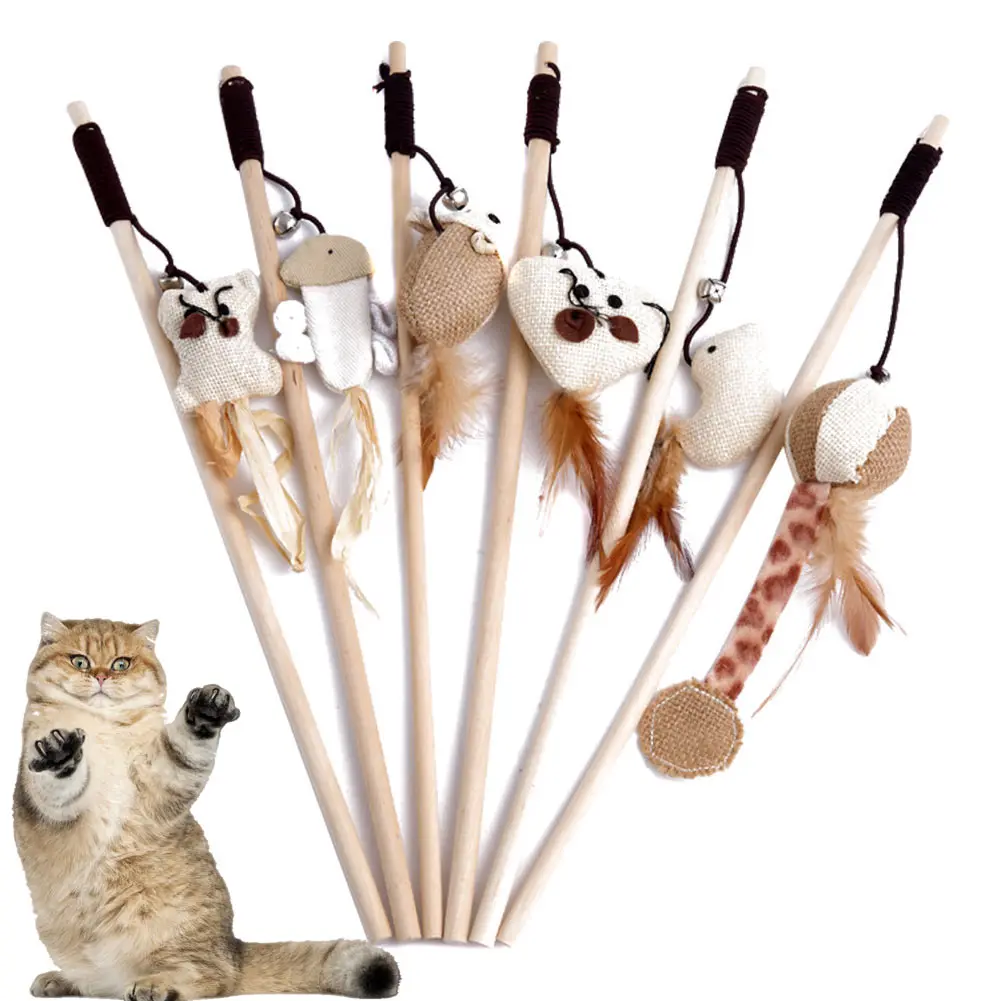 

Pet Cat Kitten Supplies Toys Wooden Stick Multi Shape Braid Interactive With Mini Bell LBShipping