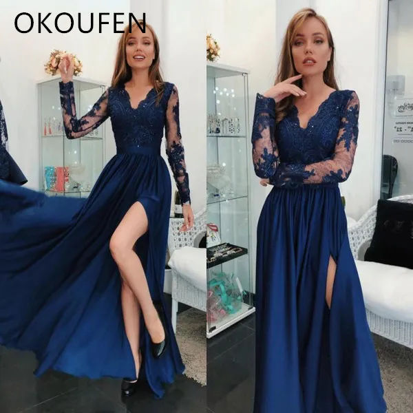 2019 Stunning Royal Blue Split Prom Dresses A Line Sheer Long Sleeves Appliques Sequins Long Evening Gowns Arabic Party Gowns Cheap=