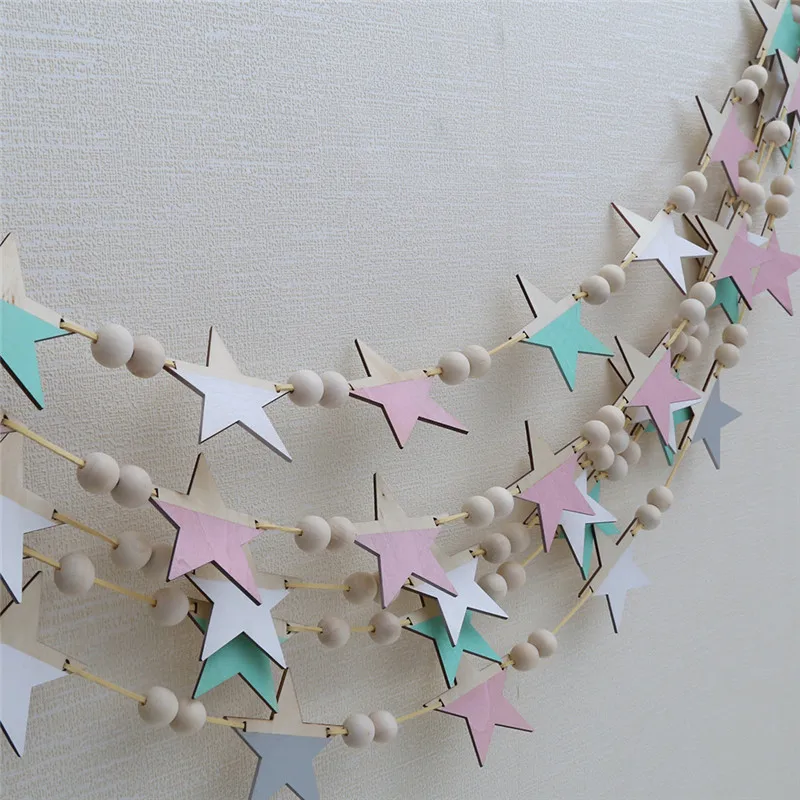 

ins style Christmas wooden Star Shape String Hanging Banners Children's Rooms gift Festival Birthday Baby Room Decorate