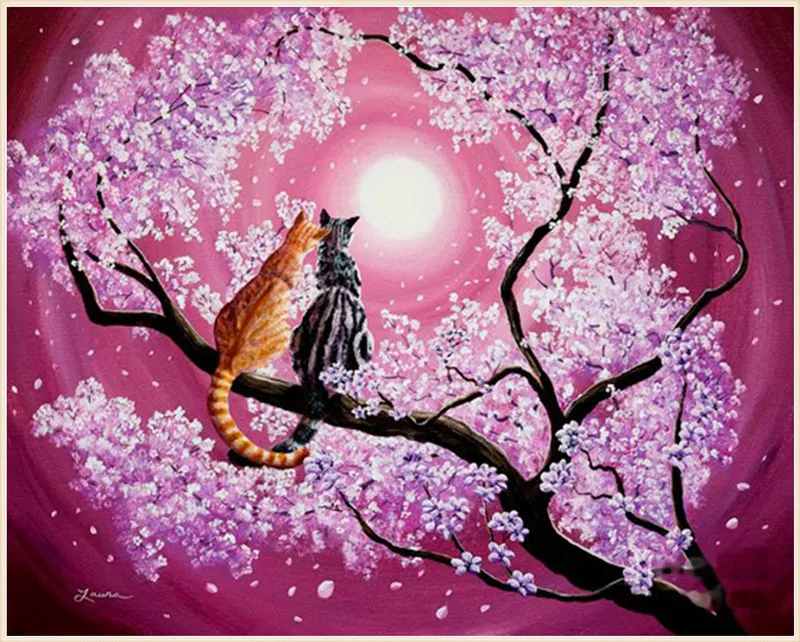 

DIY Diamond Painting cat on the cherry tree Cross Stitch Kits Diamond Mosaic crystal Diamond Embroidery Patterns Rhinestones