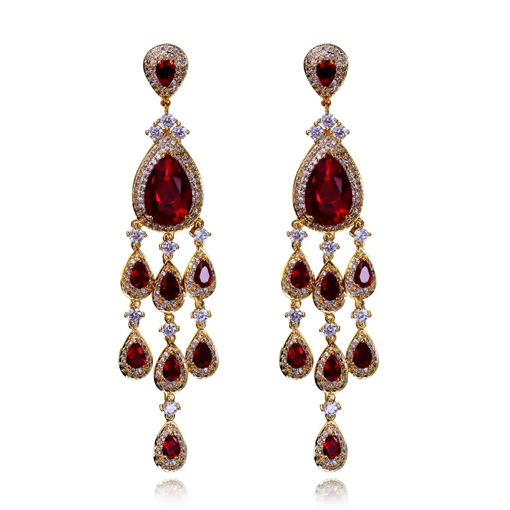 

New Fashion Vintage Women Long Drop Earrings Prong Setting Cubic Zirconia Gold-color Bridal Wedding Jewelry Bling Accessories