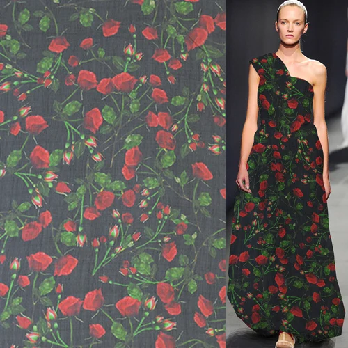 Red rose print 100% silk crinkle georgette gauze silk fabric for dress,SCG487