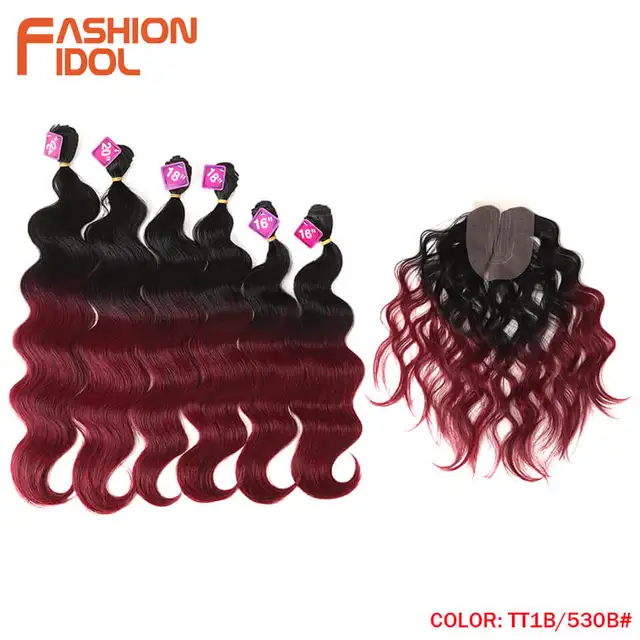 FASHION IDOL Body Wave Synthetic Hair Bundles With Closure 16-20 Inch 7 Pcs/lot Ombre Blonde Weaving Hair Extension For Women TT1B-530B