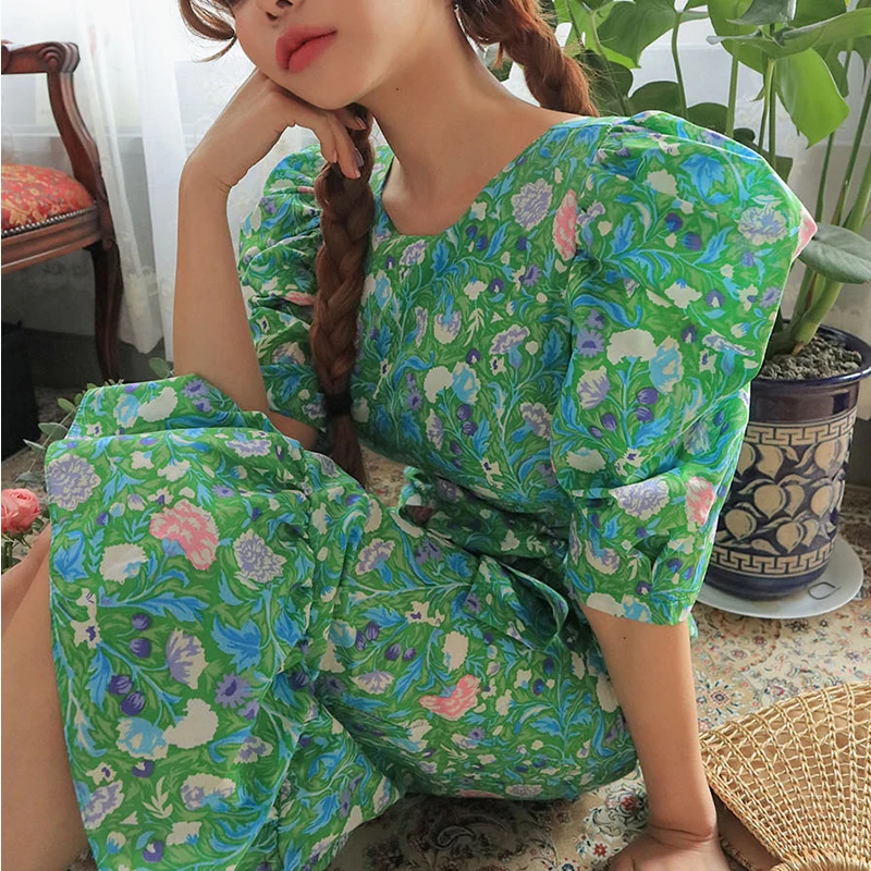 

Ruffle Dress Women Floral Vestidos Flower Vestido Summer 2019 Vintage Midi Spring Green Blue Harajuku Elbise Clothes Woman Jurk