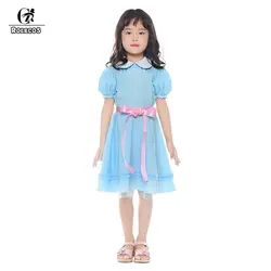 ROLECOS/Новинка 2018 года, Модное детское платье, голубое шифоновое стильное летнее милое платье с короткими рукавами, Детские повседневные
