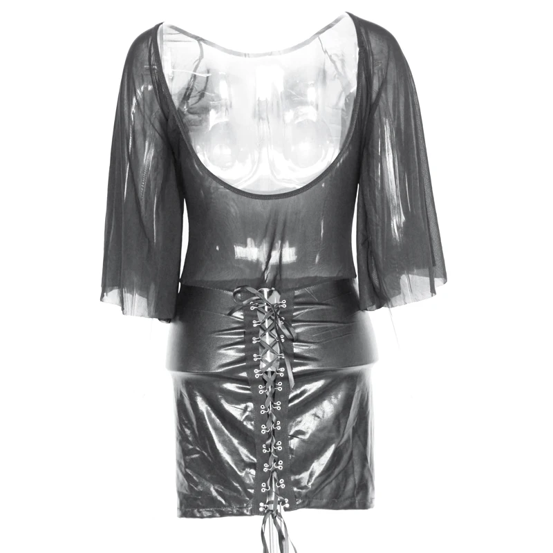 Black Mesh Patchwork Clubwear Transparent Batwing Sleeve Nightclub Wet Look Vestidos Exotic Woman Backless Short Sexy Club Dress (2)