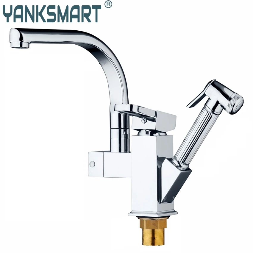 YANKSMART Chrome Brass Kitchen Faucet Pull Out Vessel Sink Mixer Swivel Spout Tap Deck Mounted Kitchen Single Handle Faucet kitchen faucet swivel spout vessel sink mixer tap ceramic handle deck mounted antique brass