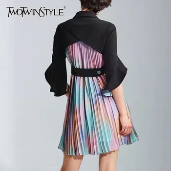 

TWOTWINSTYLE Pleated Patchwork Dress For Women Lapel Collar Flare Sleeve High Waist Mini Dresses Female Fashion Summer 2020