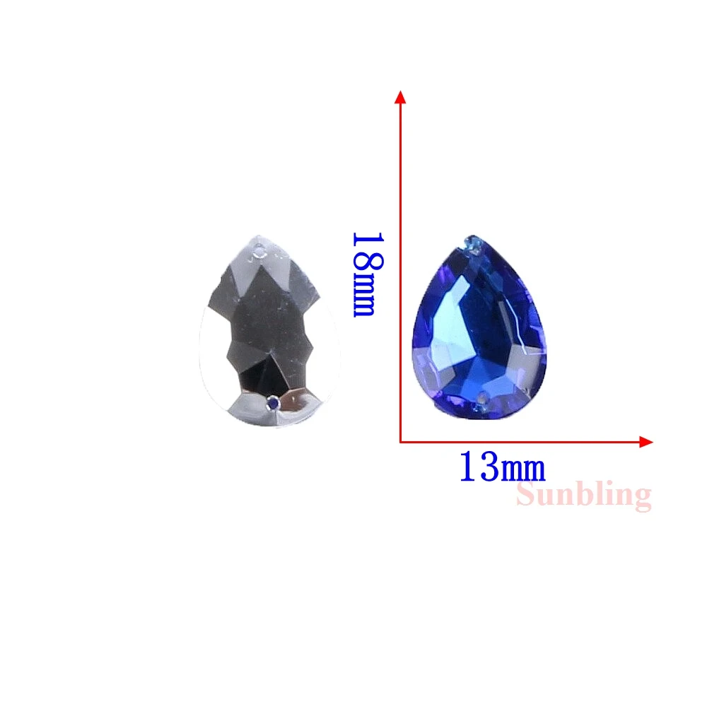Sunbling 50 шт./лот 13*18 мм, форма в виде капли, хрустальные стразы, 2 отверстия, серебристые красочные акриловые украшения для свадебной одежды