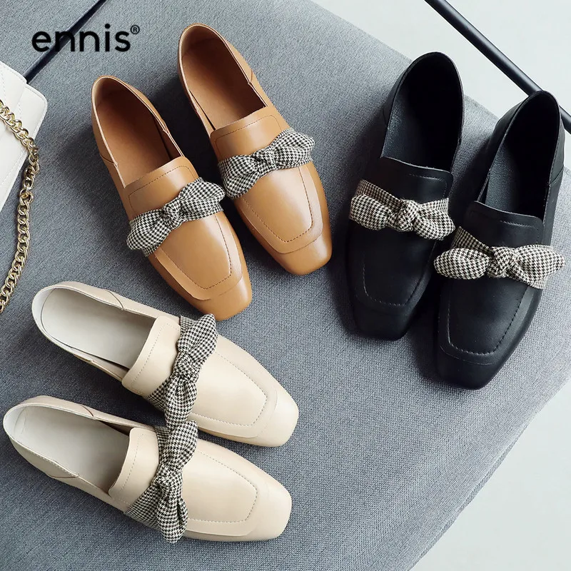 

Genuine Leather Loafers Women Shoes Square Toe Dress Shoes Black Brown Beige Fashion Bowknot Shoes Casual Flats Moccasins C975