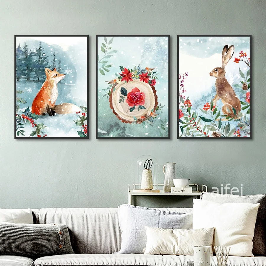 Nordic Decoration Home Art Poster Simple Forest Small Animal Cartoon Fox Rabbit Canvas Painting Child's Room Decor Wall Pictures | Дом и