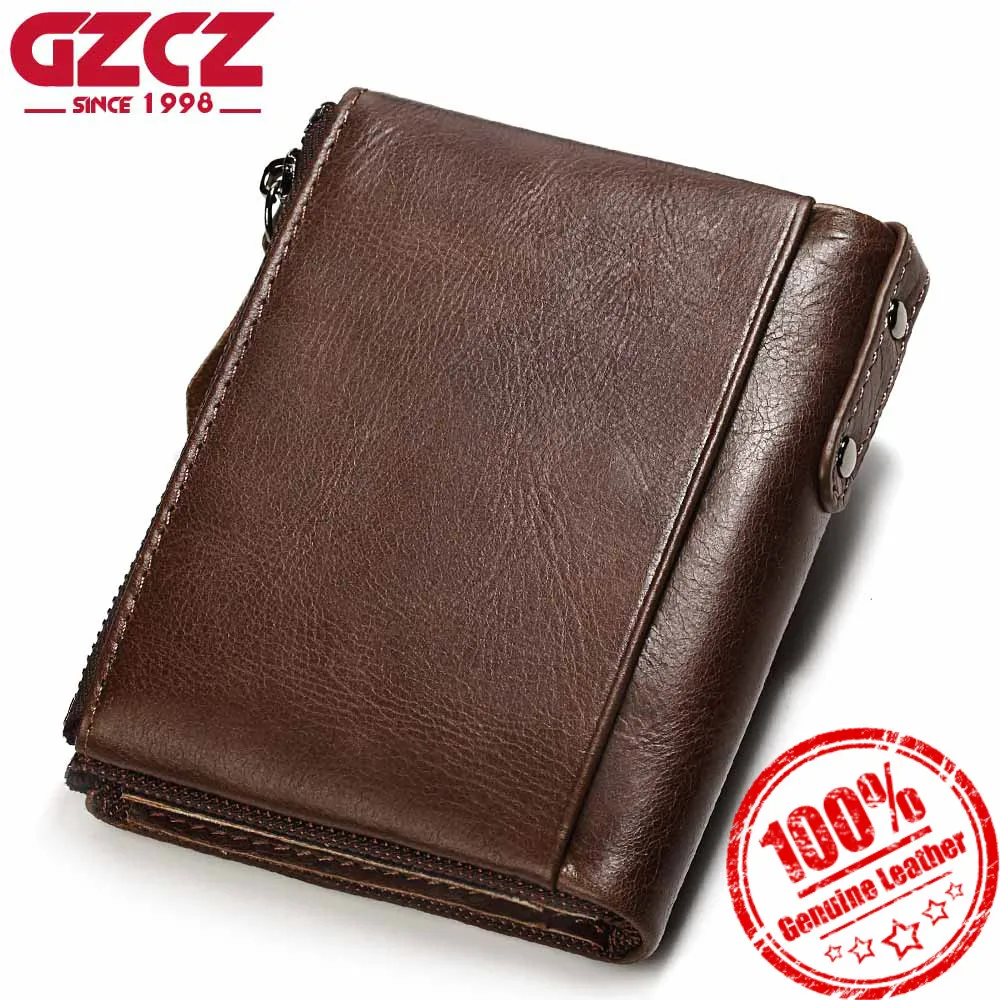 

GZCZ Men Wallet High Quality Genuine Leather Luxury Brand Double Zipper Fashion Male Wallets Coin Pocket Small Purse Money Bag