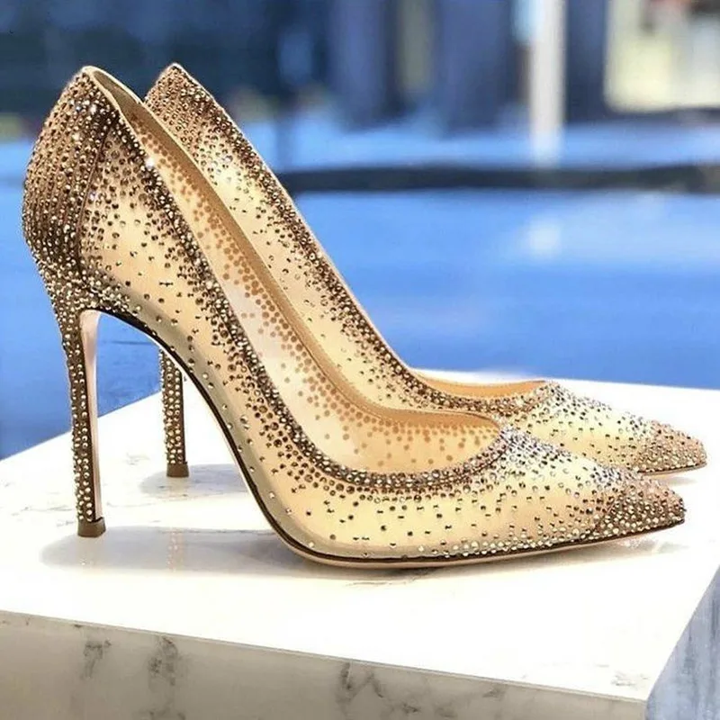 

New Summer Stiletto High Heels Pumps Rhinestone Bling Wedding Shoes 2018 Chic Nude Sequin Mesh Pointed Toe Luxury Women S