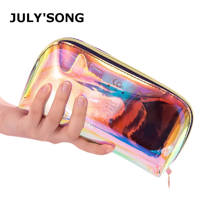 

JULY'S SONG Women Transparent Laser Cosmetic Bag Portable Colorful Waterproof Toiletries Bag Large Capacity Zipper Make up Bag