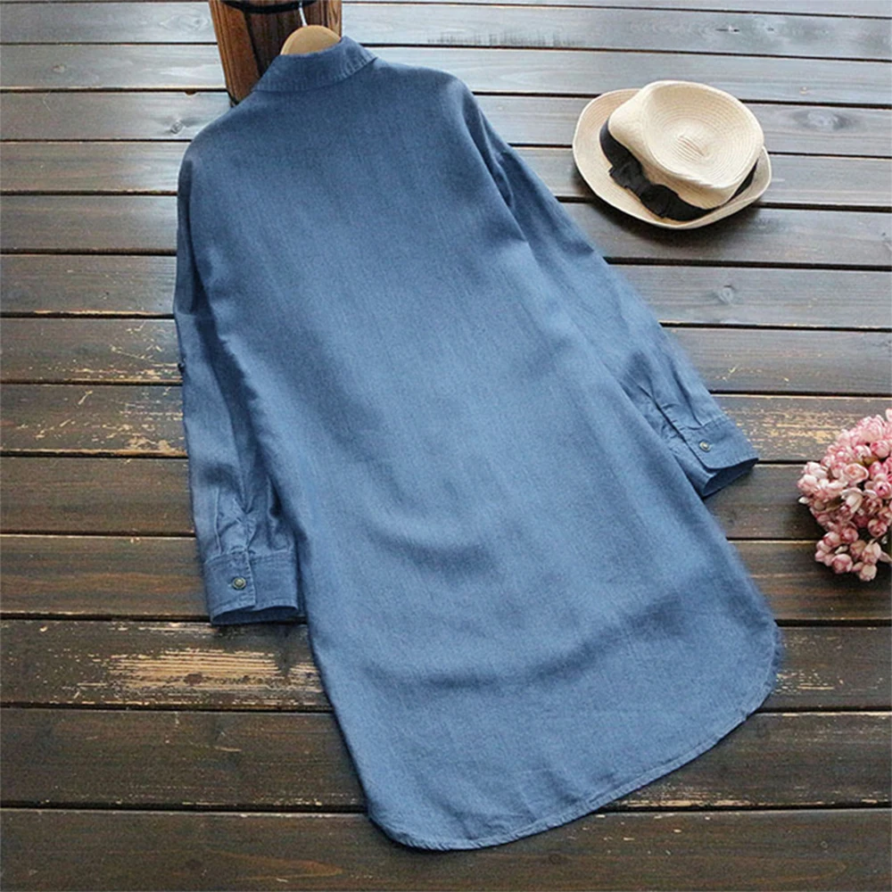  Women Loose Casual Long Sleeve Denim Shirt Autumn Vintage Solid Blue Ladies Blouses Turn-down Colla