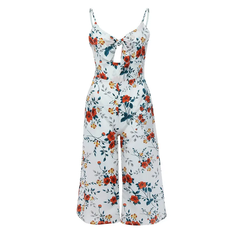 Womens V-Neck Camisole Backless Bow Floral Print Long Playsuit Ladies Jumpsuit macacao feminino combinaison R08 (1)