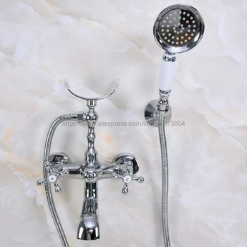 Wall Mounted Polished Chrome Clawfoot Bathtub Faucet telephone style Bath Shower Water Mixer tap with Handshower Nna228 modern wall mount polished chrome brass bathroom clawfoot hand shower faucet mixer tap set telephone shape hand spray ana209