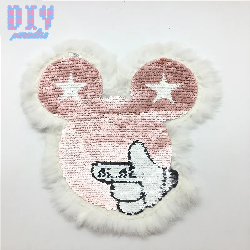 

Faux Fur Mickey Reversible Sequins Sew On Patches for clothes Coat Sweater Change Color Embroidered Reverse Patch Applique
