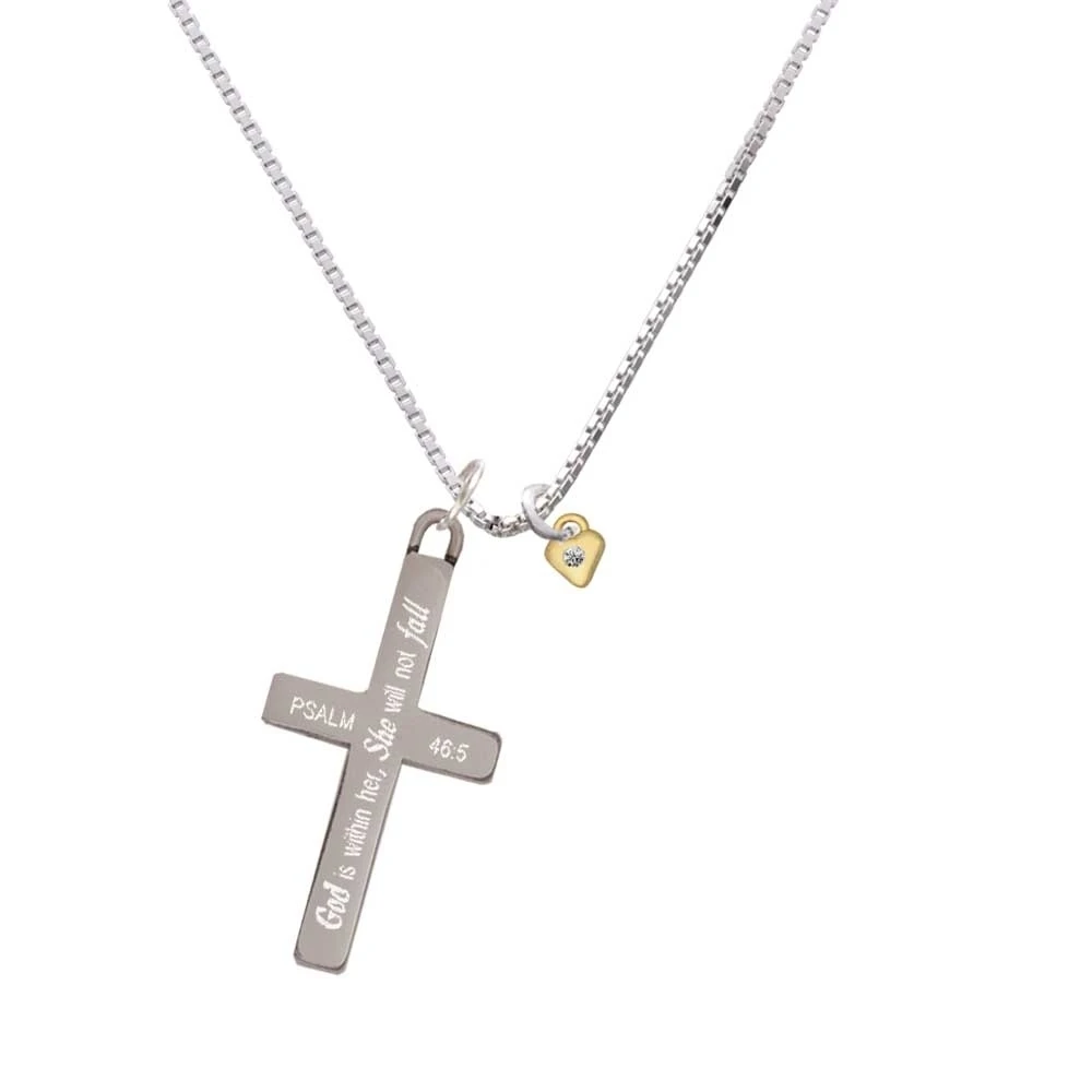 Mini April - Clear Crystal Gold Tone Heart - She will not Fall - Cross Necklace