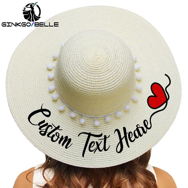 

Customize Embroidery Text Name Logo Sun Hat For Women's Summer Hat White Pompon Straw Hat Beach Hat Female Sunshade Caps