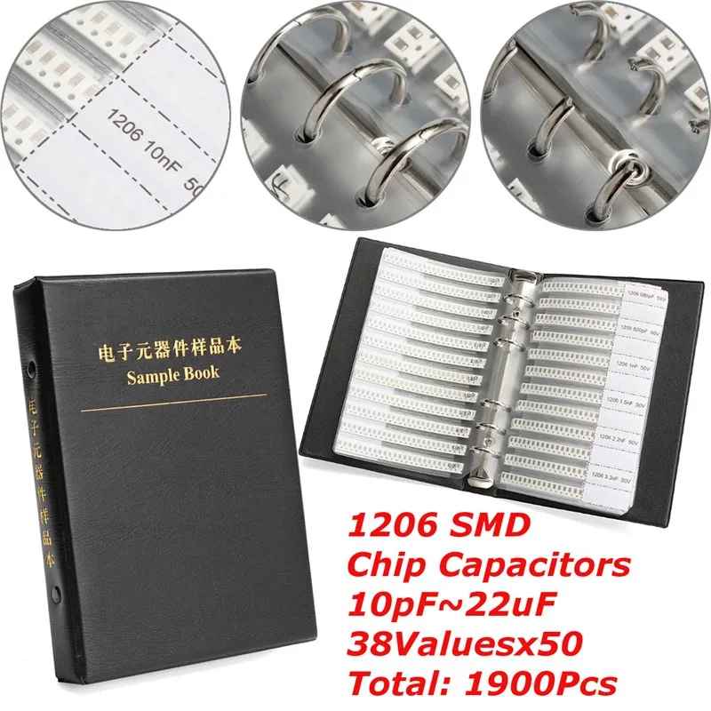 Hot New 1206 SMD SMT Chip Capacitors Sample Book 38ValuesX50Pcs Total