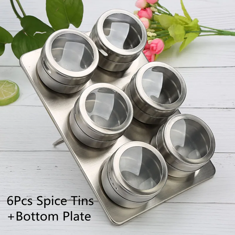 1 Набор баночка для специй на магните набор с наклейками нержавеющая сталь банки для специй соль контейнер для хранения специй перец приправа спреи инструменты - Цвет: 6Pcs(Bottom Plate)