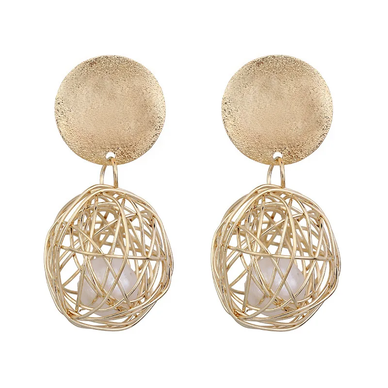 

Fashion Retro Geometry Earring For Women Imitation Pearl Round Metal Woven Ball Pendant Earrings Party Female Gift Jewelry