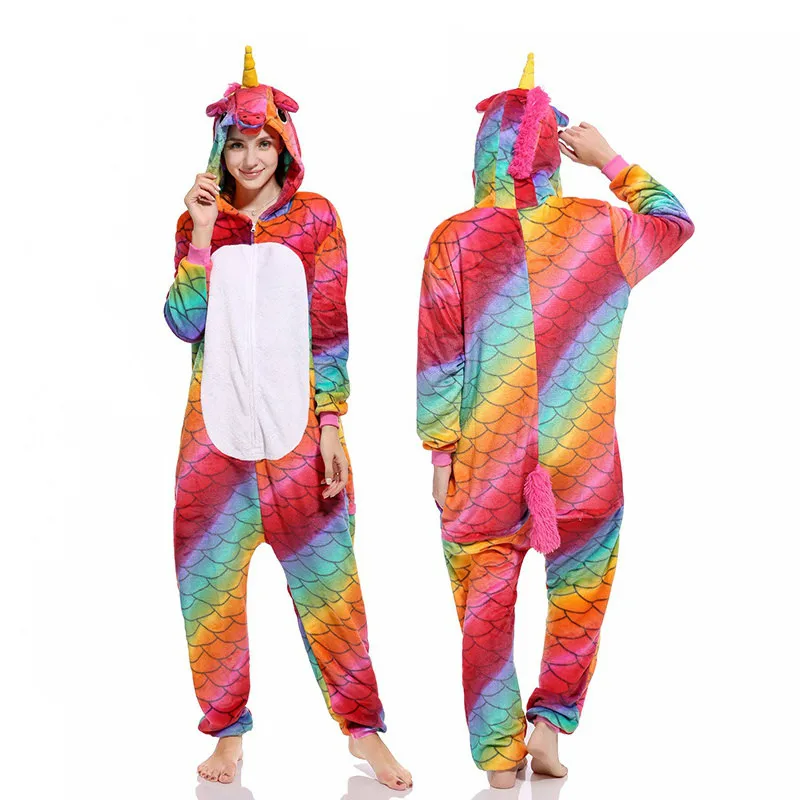 Kigurumi Adults Flannel Unicorn Pajamas Animal Onesies Cartoon Sleepwear Women Men Nightwear Winter Stitch Panda Cosplay Pijimas - Цвет: fish white