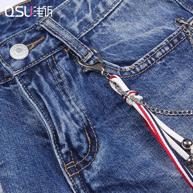  shorts woman,sanding edge,hole,metal bead,Chic Short pants,Casual Elastic,all-Match