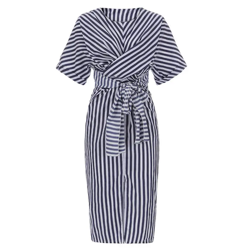 New Women Summer Fashion Casual Daily Elegant Cotton Blue Striped Bandage Split Long Dress Long Dress #4A25 (7)
