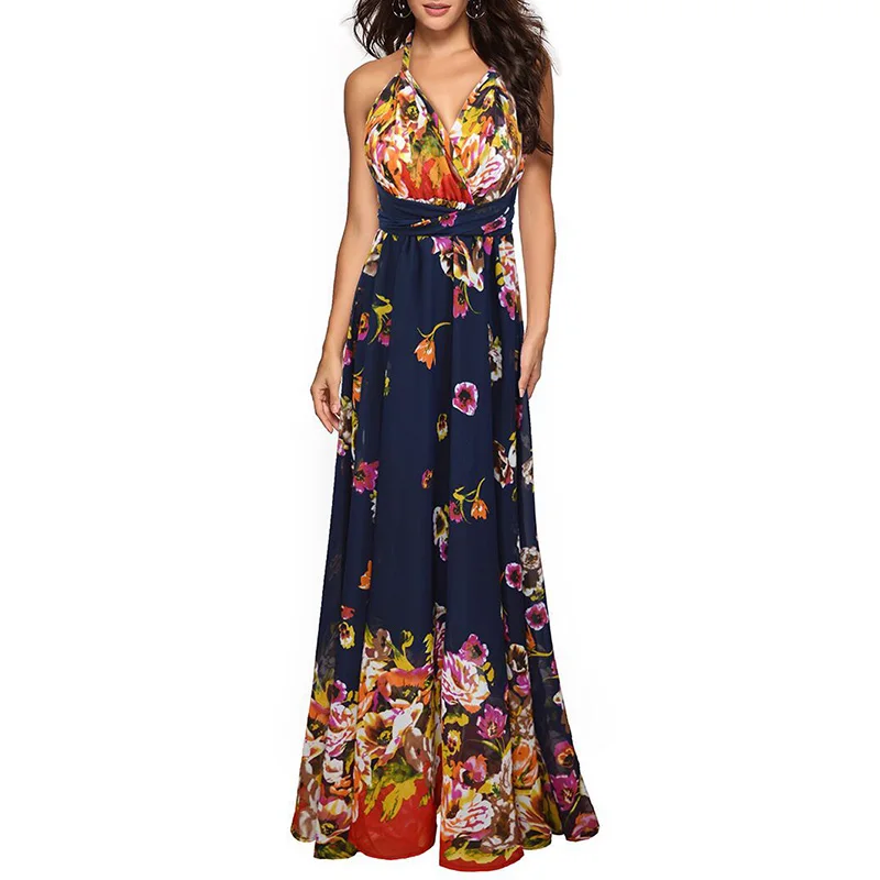 

Women elegant dress Summer Fashionable Flower Floral Convertible Cocktail Party spaghetti strap V-neck A-line Dress long vestido