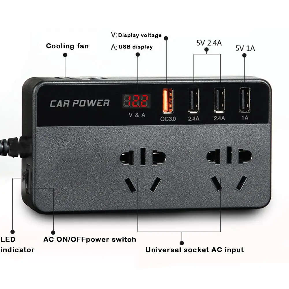 Универсальный автомобильный инвертор 12 В постоянного тока многофункциональный преобразователь питания розетка четыре USB QC 3,0 быстрое