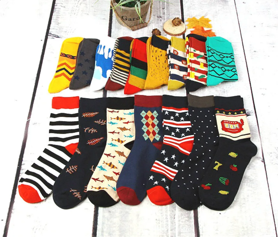 

Colorful Casual Mens Happy Socks High Quality Combed Cotton Men Socks Cartoon Designs Funny Crew compression socks Free Shipping