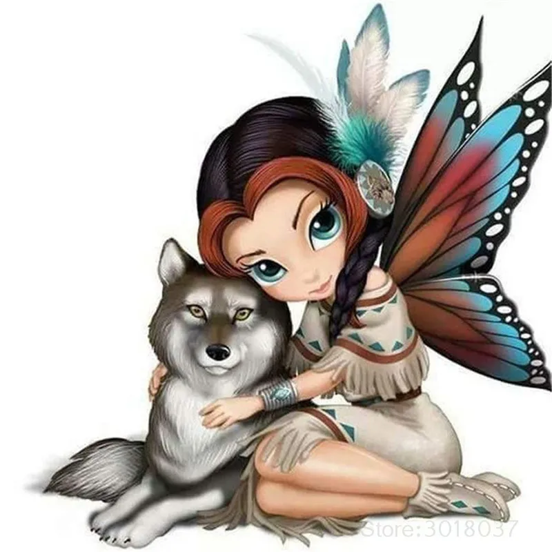 

5D Diy Diamond Painting Cross Stitch Butterfly Fairy & Wolf Needlework Diamond Embroidery Full Round Mosaic Decoration Resin Kit